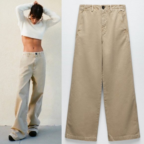 Zara Denim - NEW Zara Khaki Beige Wide Leg Full Length Loose Relaxed Fit Denim Jean Pants 8